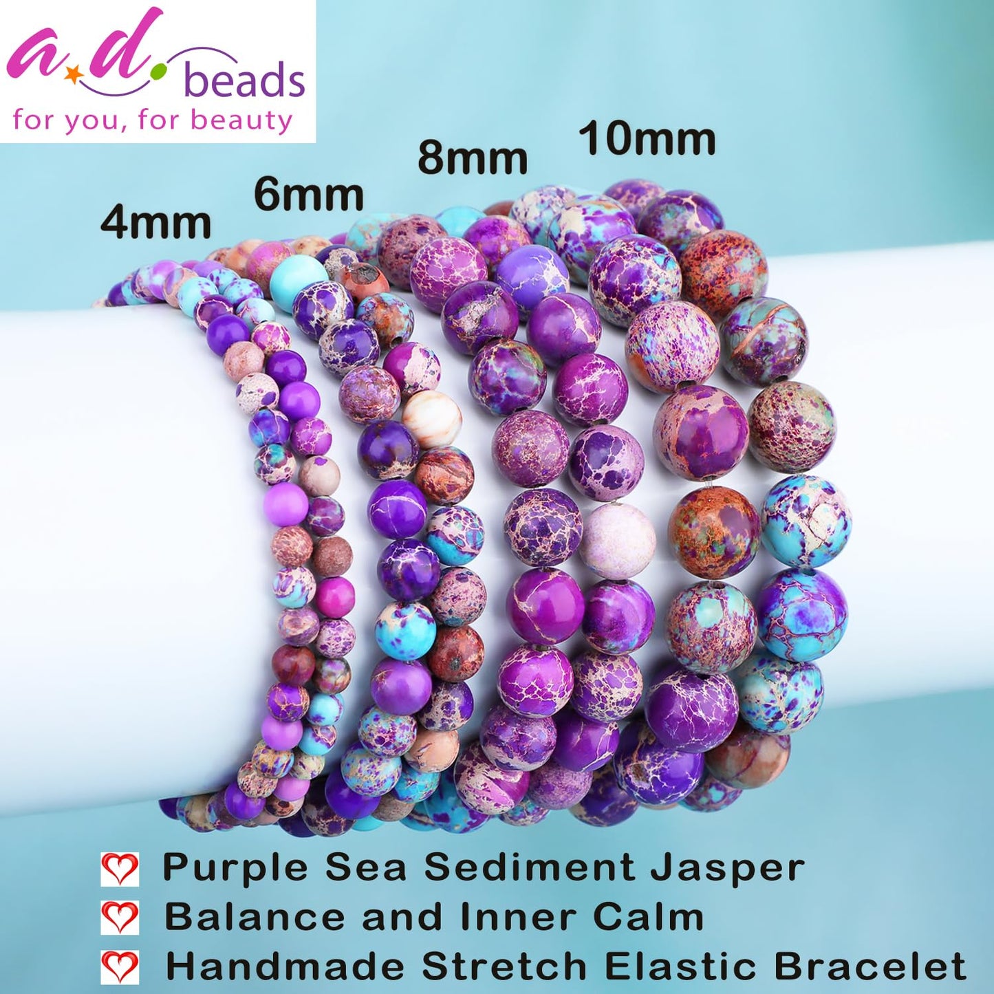 AD Beads 10mm Handmade Purple Sea Sediment Imperial Jasper Elastic Bracelet – Natural Gemstone for Joy & Positivity – Meditation, Yoga, Healing and Energy Gift for Men Women