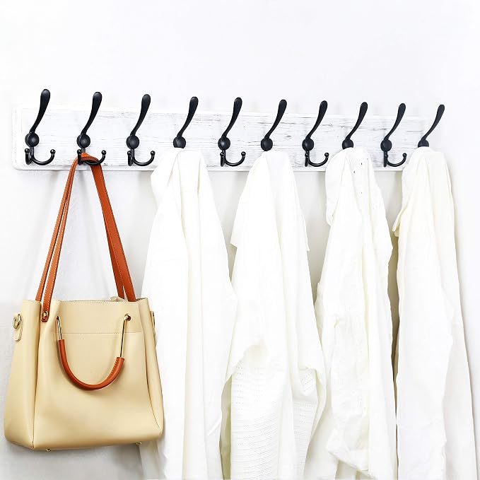 WEBI Coat Rack Wall Mounted,38 9/16" Long,10 Hooks,Wood Coat Hooks Wall Mounted Coat Hanger,Hook Rack Rail,Triple Hooks for Hanging Coats,Clothes,Jacket,Farmhouse,Black/White,2 Packs