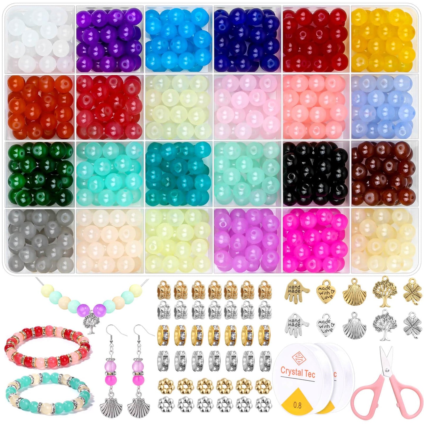 753 Pieces Glass Beads Bracelet Making Kit, Shynek 24 Color Glass Beads for Jewelry Making with Spacer Beads, Bail Tube Beads, Charms and Elastic String for Bracelets