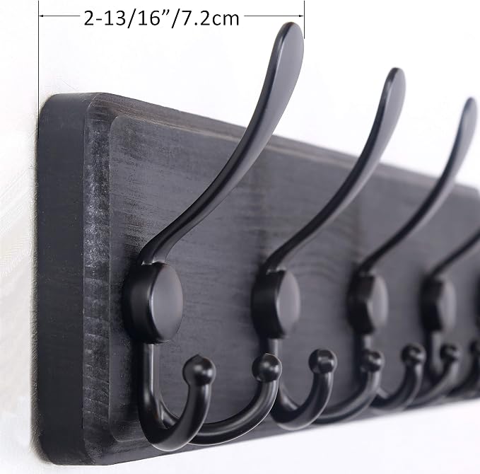 WEBI Rustic Coat Rack Wall Mount,Wood Coat Hooks Wall Mounted Coat Hanger,16" Hole to Hole,Hook Rack Rail,5 Triple Hooks for Hanging Coats,Hats,Jacket,Clothes,Entryway,Black,2 Packs