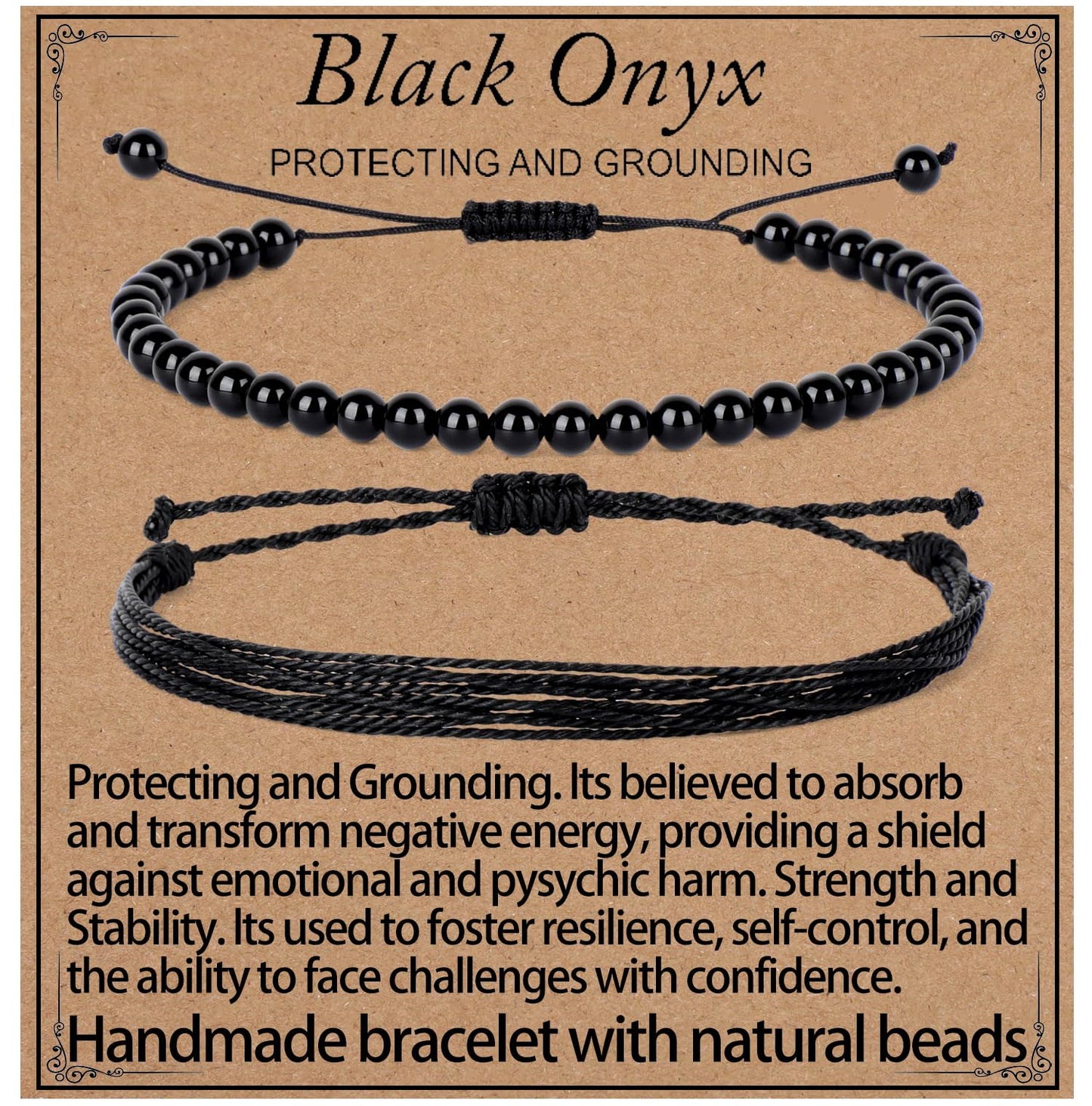 LPBeads 4mm Black Onyx Bracelet with Handmade Rope Bracelet Size Adjustable Natural Stone Crystal Healing Bracelets Gifts for Unisex Adults