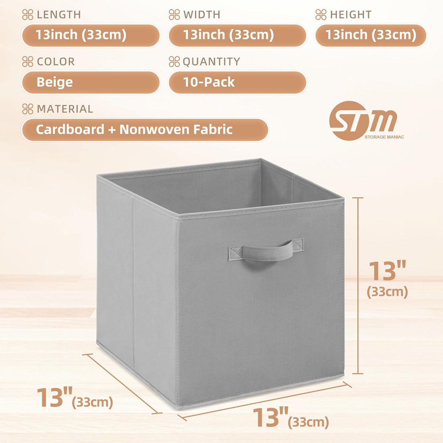 Storage Maniac 13-Inch Collapsible Storage Cubes - Durable Fabric Bins for Organization | 10-Pack Grey