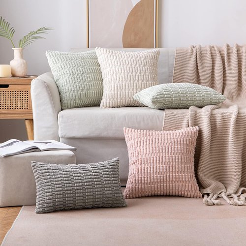 MIULEE Corduroy Decorative Throw Pillow Covers - Soft Boho Striped Design | 12x12 Inch Cream White for Sofa & Bed