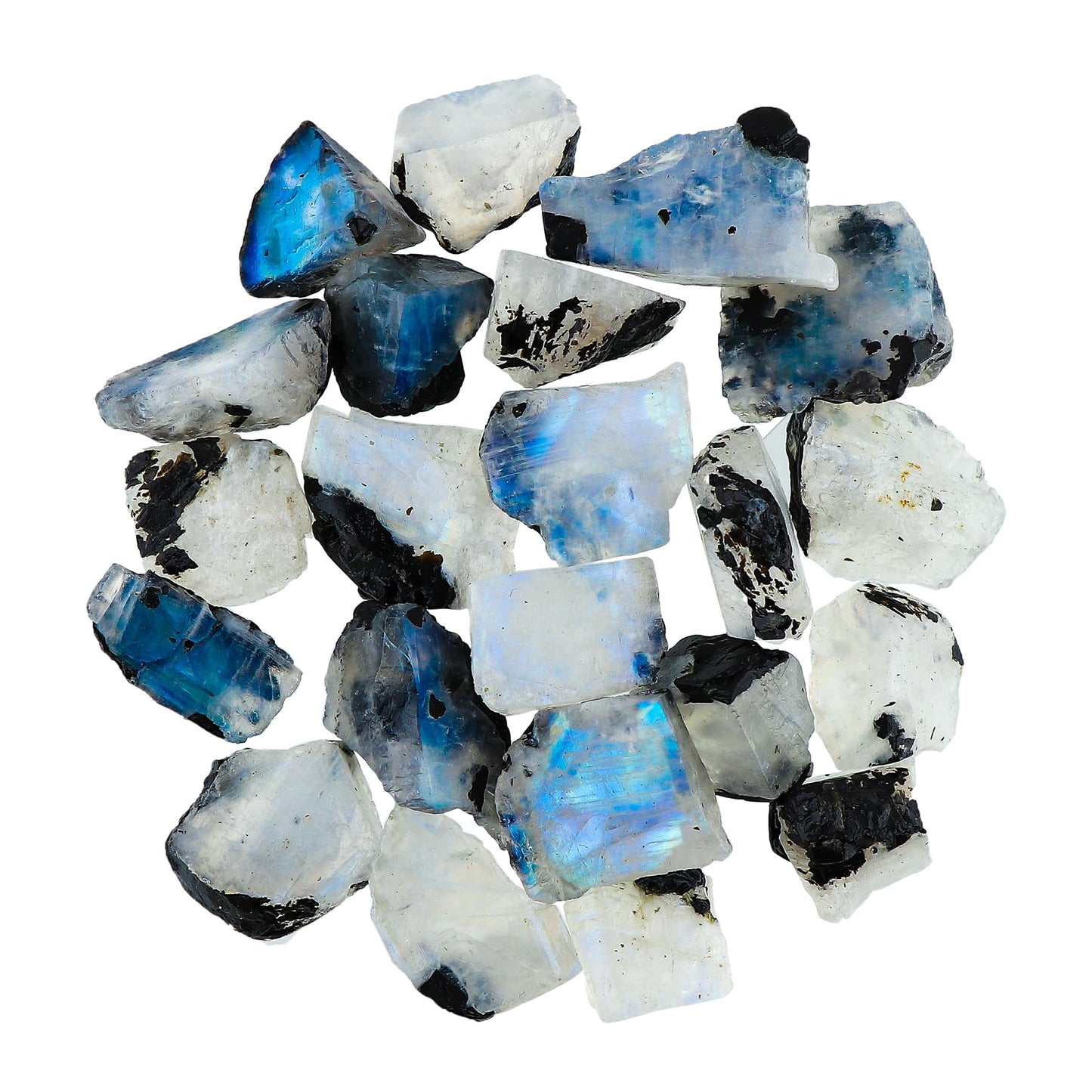 Gemkora 100 ct. Natural Blue Flash Raw Tourmilated Moonstone Crystal Rough Gemstone, Rock, Jewelry Making Supplies, Chakra Healing, Art-DIY Stone, (10 to 12 pcs) (10-15mm)