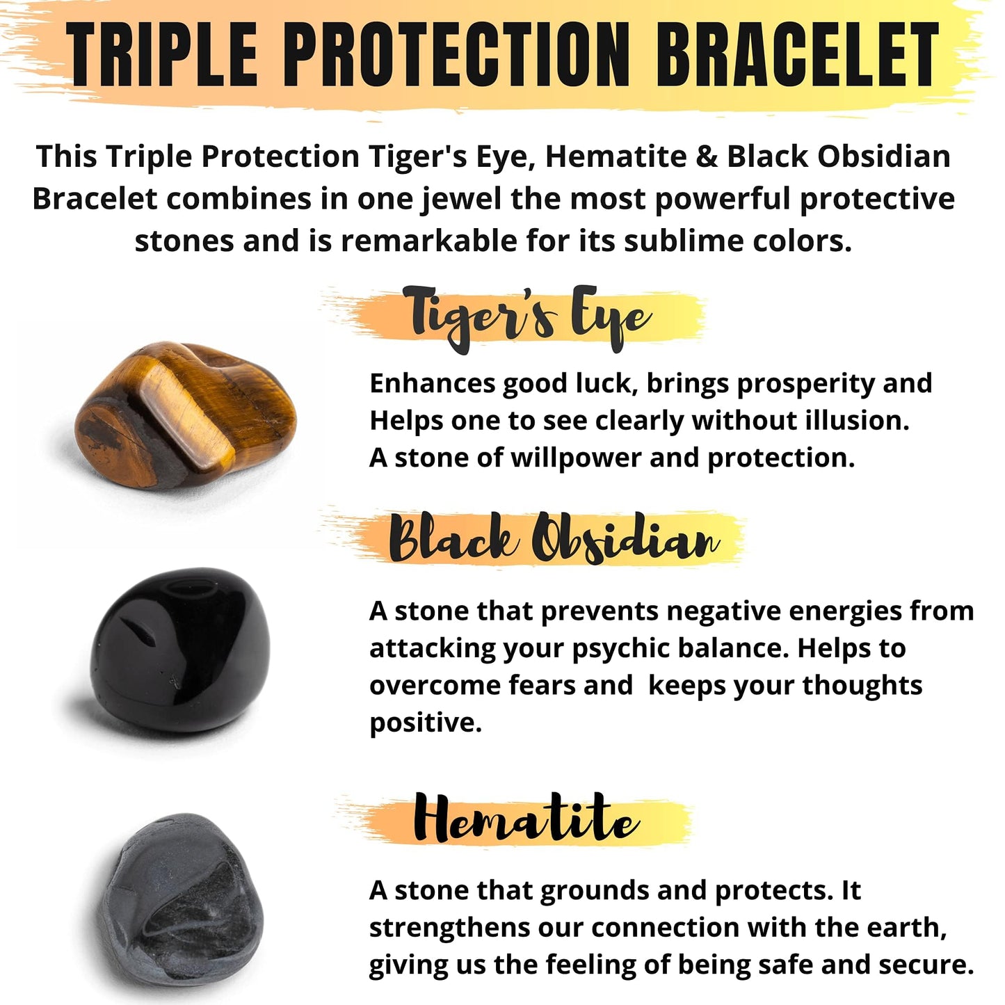 Crgwxzl 3pcs Triple Protection Bracelets,Healing Crystal Tiger Eye Bracelets for Women Men,Natural Stone Hematite Black Obsidian Beaded Spiritual Gemstone Jewelry Gifts