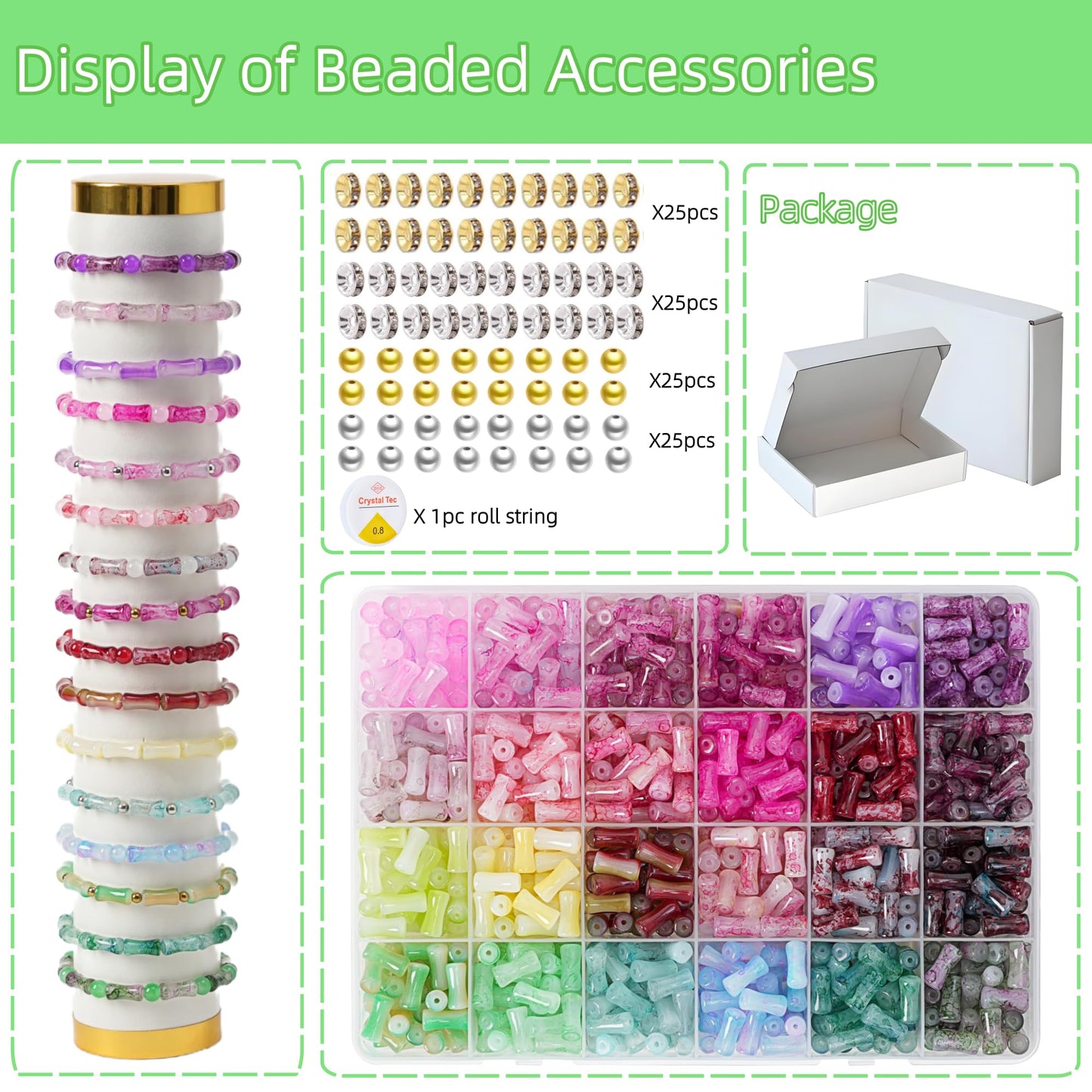 REVKI 6 * 12mm Glass Beads Bracelet Making Kit for Kids,600pcs 24 Colors Natural Bamboo Crystal Beads for Jewelry Making,Glass Beads for DIY Necklace Crafts