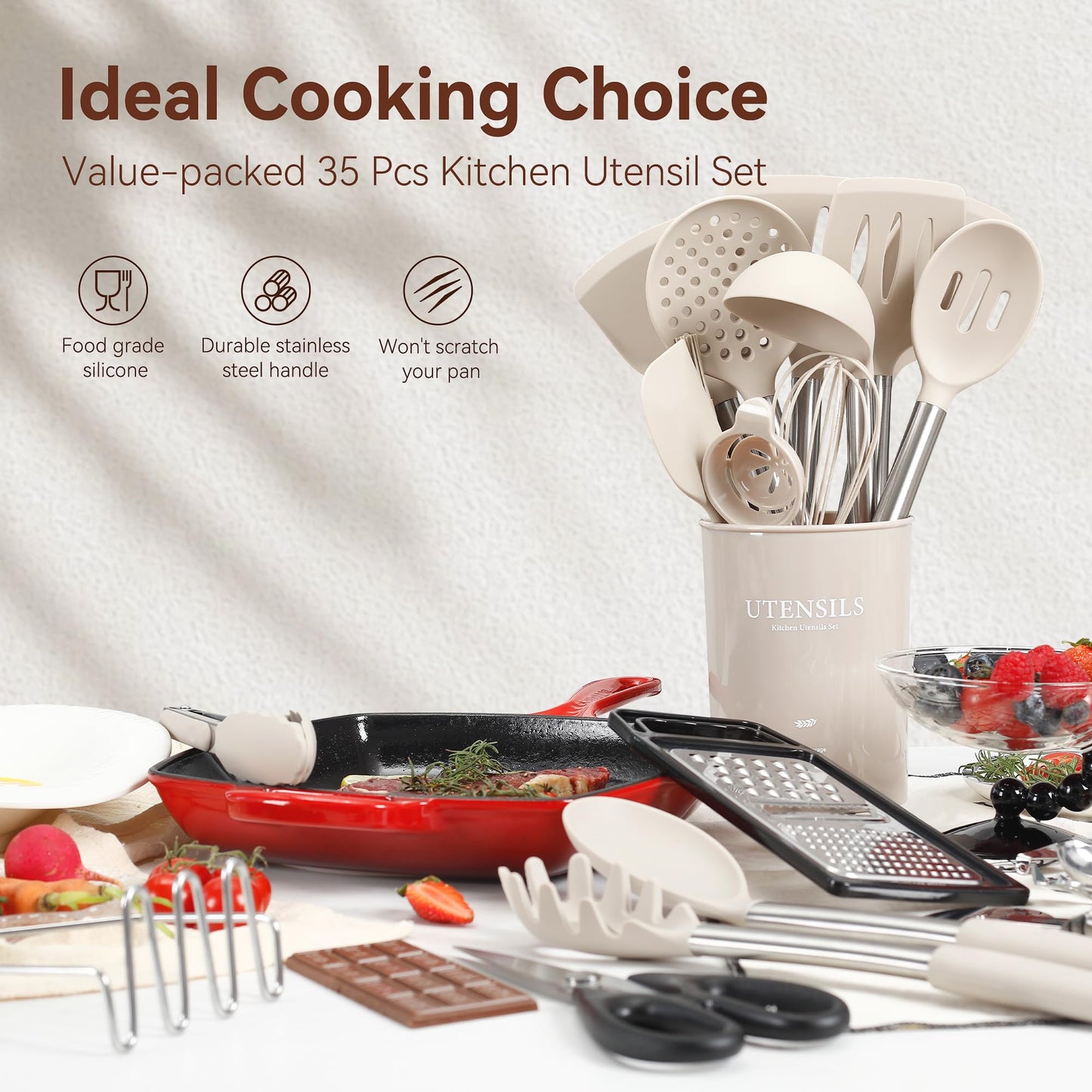 Silicone Cooking Utensils Set, NCUE 35 Pcs Kitchen Utensils Set with Holder, with Stainless Steel Handle Spatula Set, Spoons, Pasta Server, Cheese Grater, Masher, Scissors, Dishwasher Safe (Khaki)