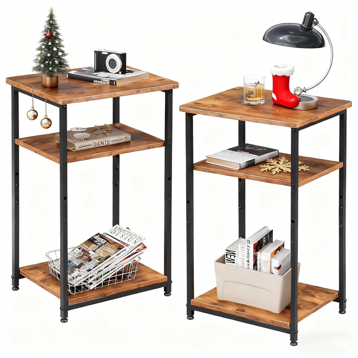 WLIVE End Tables Living Room Set of 2, Small End Table for Two, Narrow Side Table for Bedroom, Home Office, Small Spaces, 3-Tier End Table for Couch, Sofa, Bed, Rustic Brown