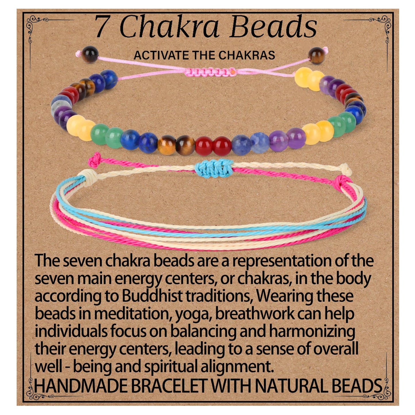 LPBeads 4mm Chakra Bracelet with Handmade Rope Bracelet Size Adjustable Natural Stone Crystal Healing Bracelets Gifts for Unisex Adults