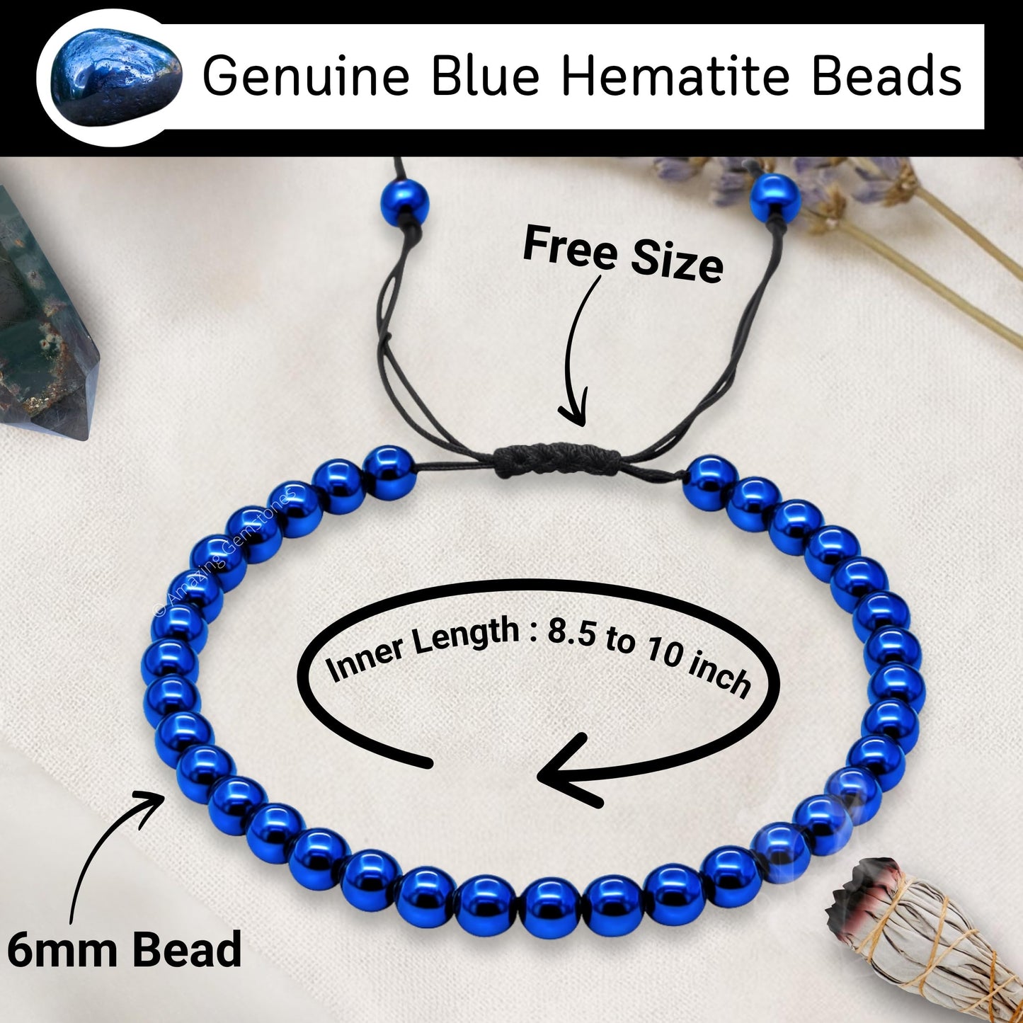 Amazing Gemstone Blue Hematite Anklet Ankle Bracelets for Women - Waterproof Beaded Healing Crystal Anklets, Plus Size Chakra Gemstone Bead Anklet (Stretchy Adjustable - Plain)