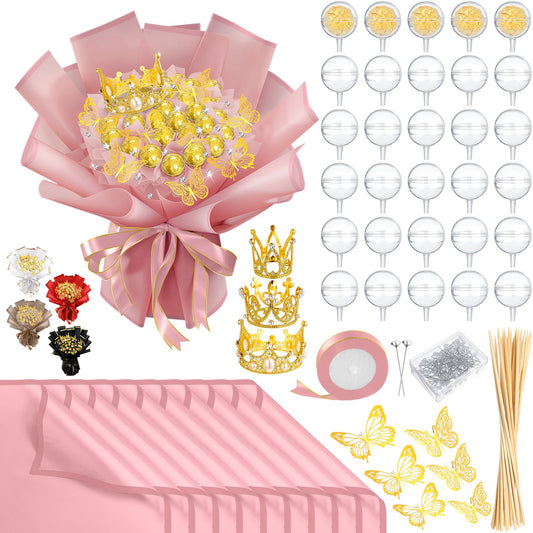 Funnymoom 109 Graduation DIY Chocolate Flower Bouquet Kit 2026 Candy Rose Clear Acrylic Lollipop Ball Holder Floral Wrapping Paper 3D Gold Butterfly Crown Ribbon Grad Gift(Pink)