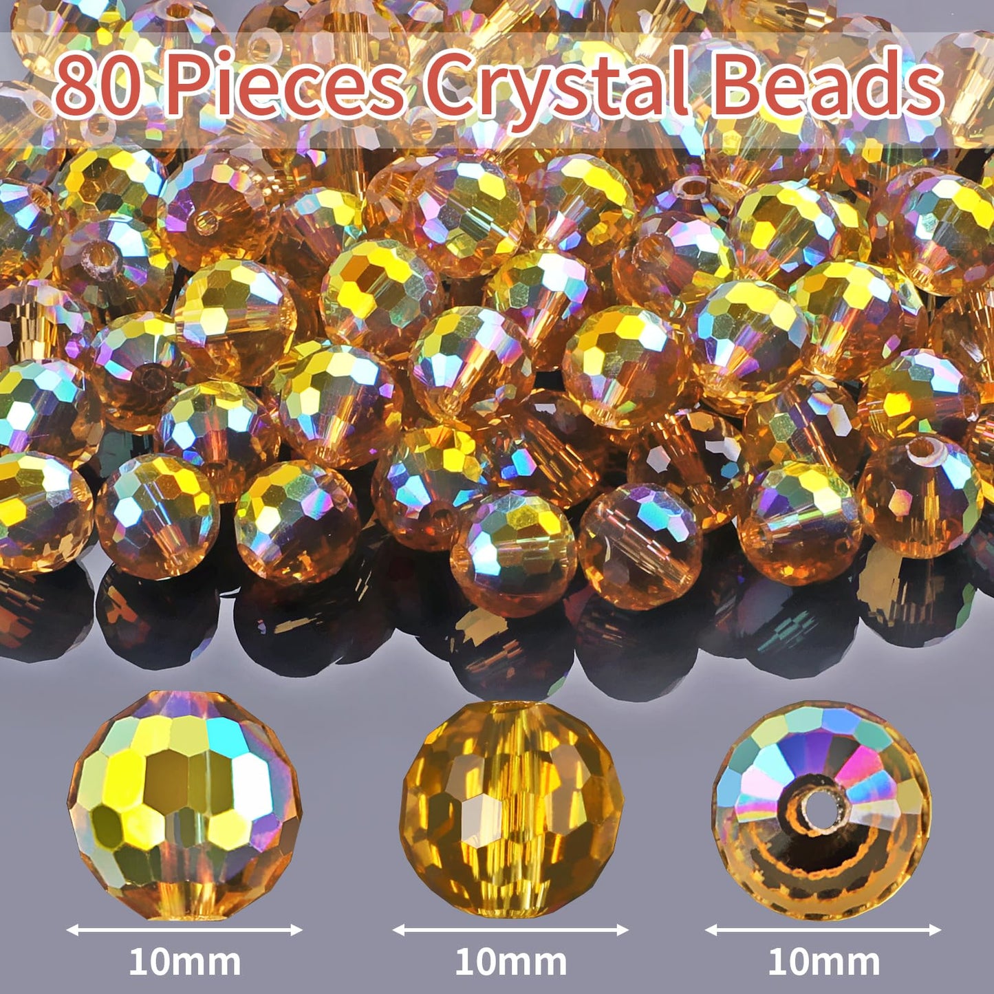 Crystal Glass Beads for Jewelry Making, 80 Pieces Crystal Beads, 10mm Glass Beads, Round Faceted Beads Bulk for Craft Necklace Bracelet Earring (Gold)