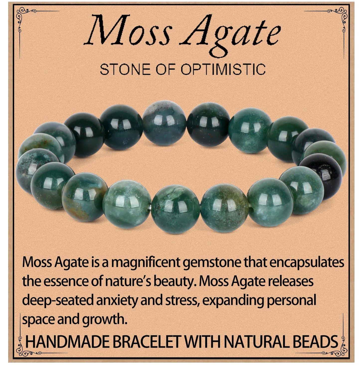 LPBeads Handmade Natural Gemstone Stretch Elastic 10mm Moss Agate Bracelet Healing Crystal Round Stone Beads Jewelry Gifts for Women Men