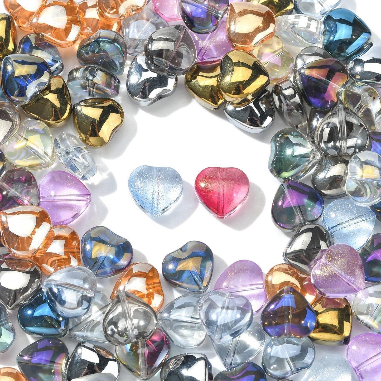 LiQunSweet 100 Pcs Electroplate Clear Crystal Glass Heart Bead with Glitter Gold Powder for Jewelry Making DIY Findings
