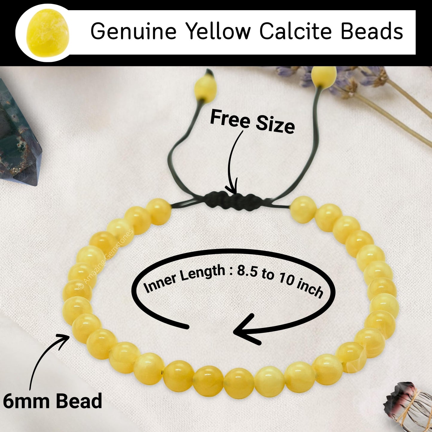 Amazing Gemstone Yellow Calcite Anklet Ankle Bracelets for Women - Waterproof Beaded Healing Crystal Anklets, Plus Size Chakra Gemstone Bead Anklet (Stretchy Adjustable - Plain)