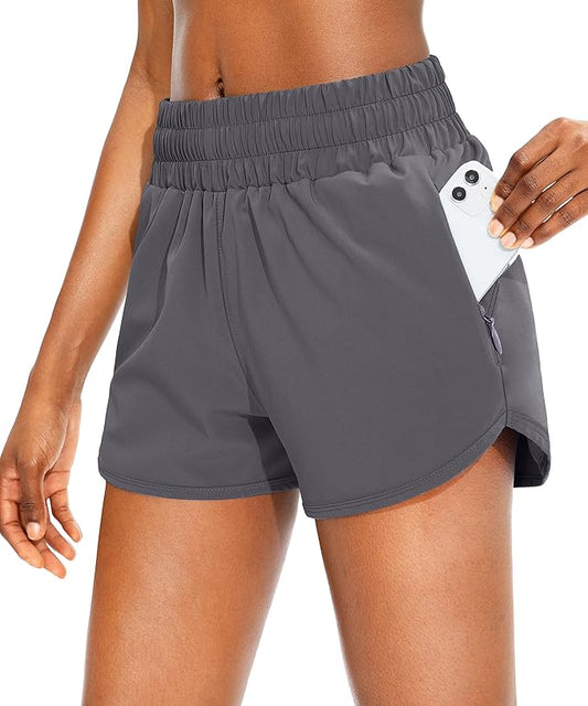 SANTINY Women's Running Shorts with Zip Pockets High Waisted Athletic Workout Gym Shorts for Women with Liner