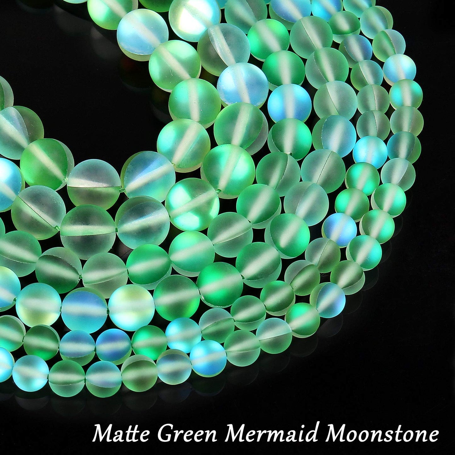 Matte Green Aurora Crystal Glass Beads, 10MM Frosted Glitter Shining Mermaid Round Loose Beads, Rainbow Holographic Synthetic Moonstone for Jewelry Making DIY Bracelet