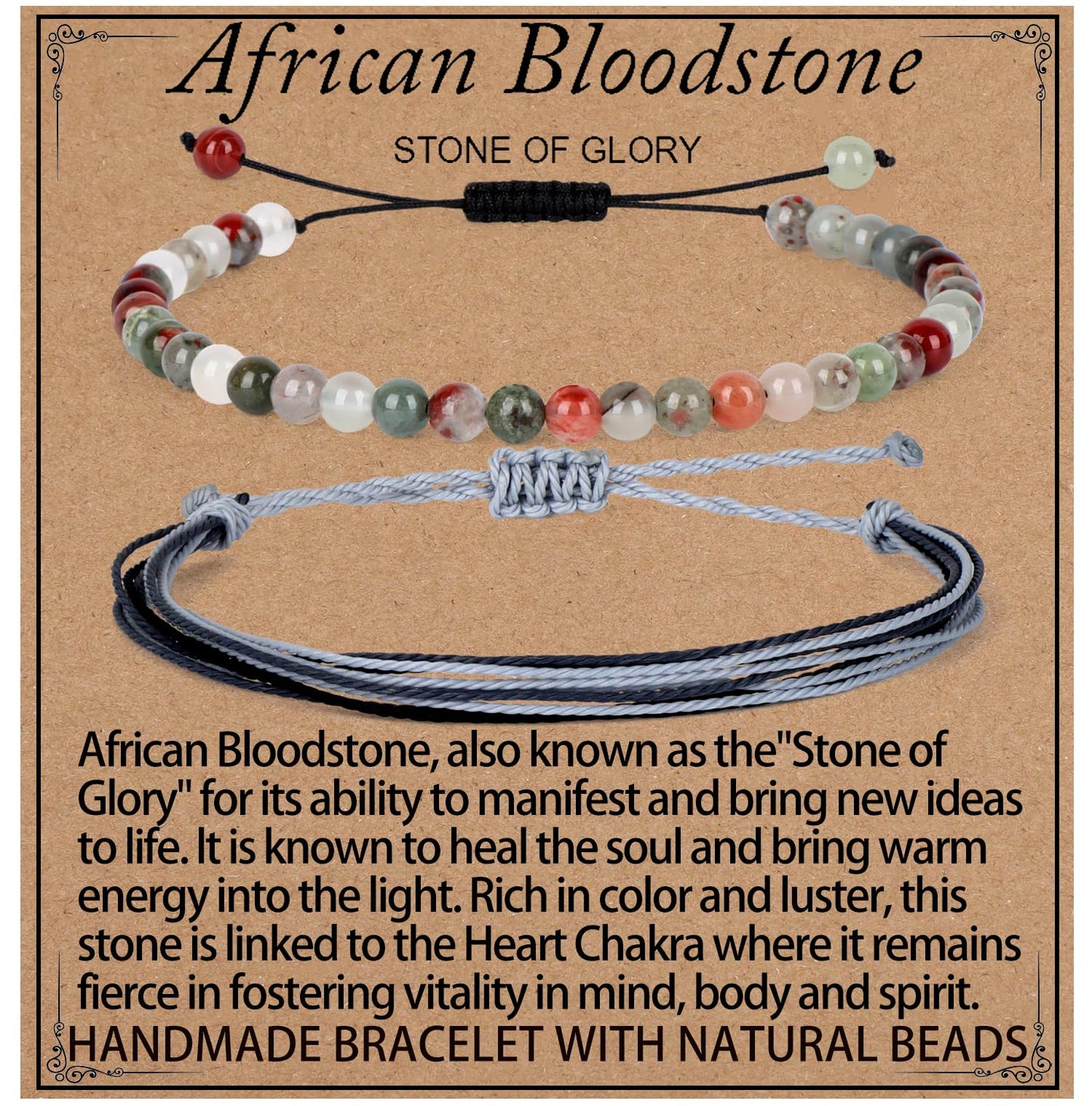 LPBeads 4mm African Bloodstone Bracelet with Handmade Rope Bracelet Size Adjustable Natural Stone Crystal Healing Bracelets Gifts for Unisex Adults