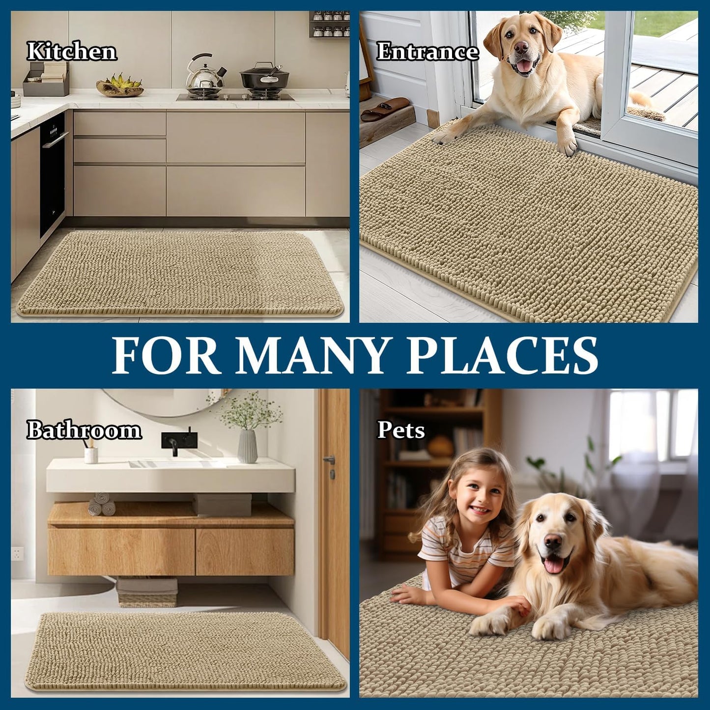 OLANLY Dog Door Mat - Absorbent Non-Slip Chenille for Muddy Paws | 24x16 Beige Indoor Entryway Carpet