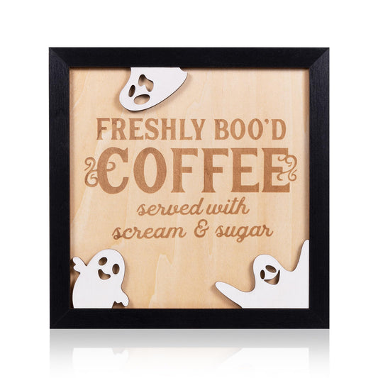 FRESHLY BOO’D COFFEE Halloween Signs with Stand, Funny Halloween Coffee Bar Decorations, Wooden Halloween Kitchen Decor Accessories, Cute Coffee Bar Wood Sign, Halloween Retro Home Decor Room Indoor Stuff
