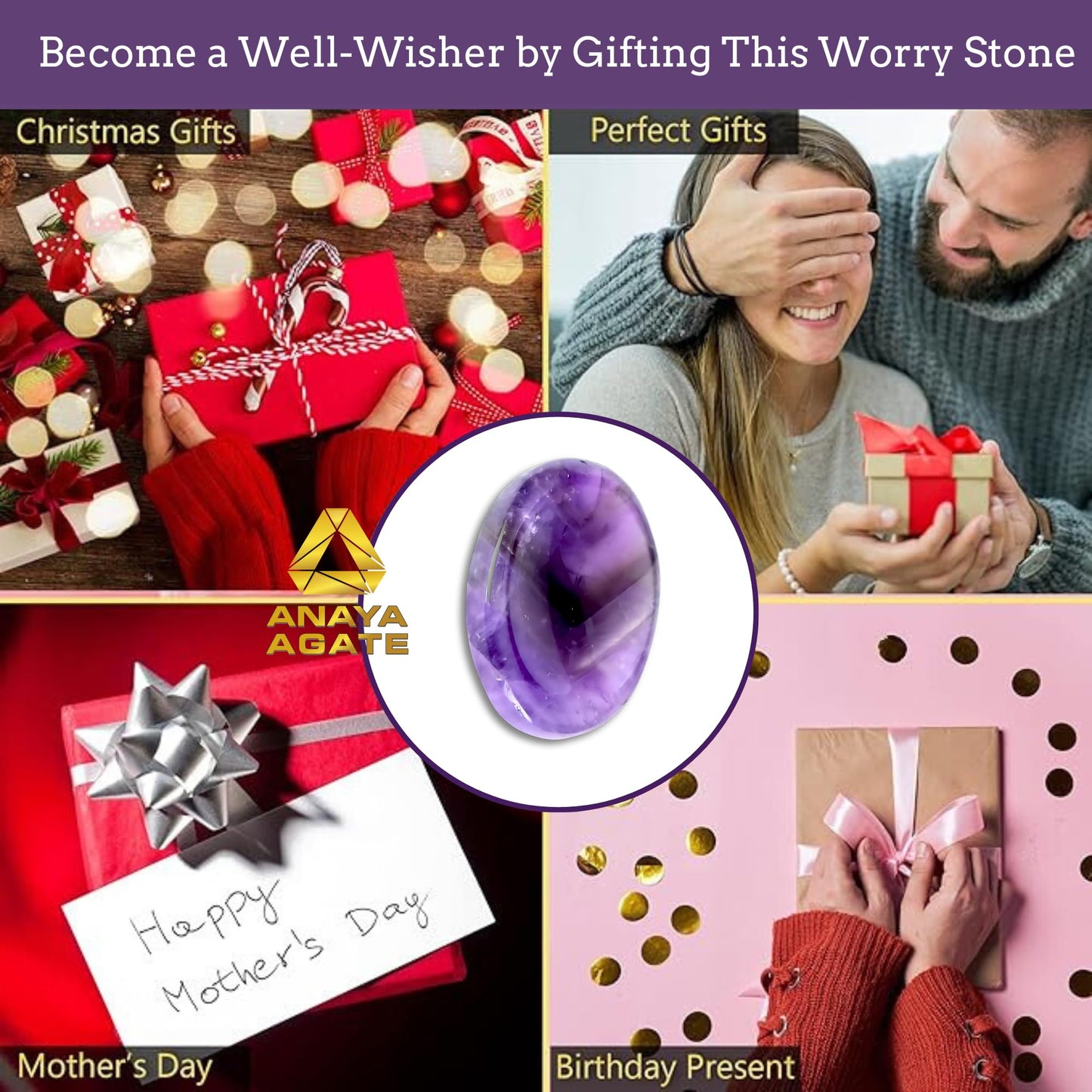 Anaya Agate Amethyst Worry Stones Certified Crystal Thumb Worry Stone for Anguish, Relaxing and Soothing Balance Stones for Meditation, Stress Relief Crystals and Healing Stones for Men, Women