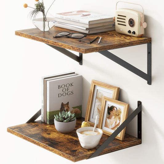 Deep Floating Shelves for Wall, 12 Inch Deep Floating Shelves Set of 2, 16"W x 12"D Wall Shelf, Wide Display Ledges Shelves for Bedroom, Bathroom, 12 Deep Bookshelf Wall Mounted - Rustic Brown