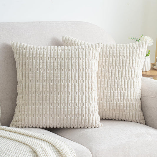 Skiennix Corduroy Throw Pillow Covers - Soft Boho Striped Design | 18x18 Inch Cream White for Modern Home Decor