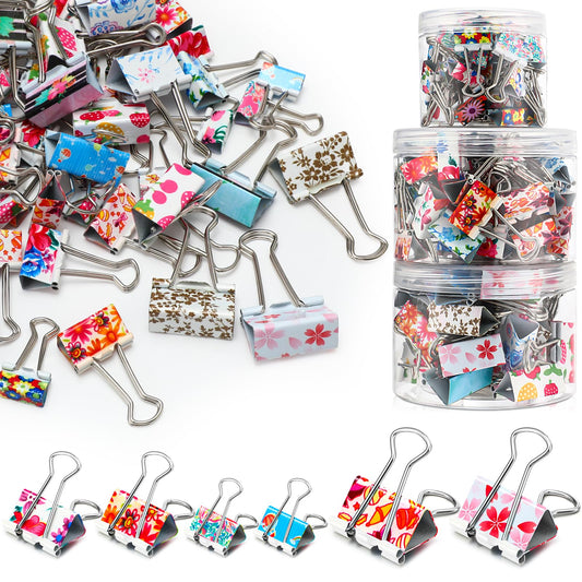 Cholemy 112 Pcs Cute Binder Clips With Box - 3 Sizes Floral Office Supplies Colored Large Medium Small Assorted Size Metal Decorative Paper Clips for Office School, 0.75 Inch, 0.98 Inch, 1.26 Inch