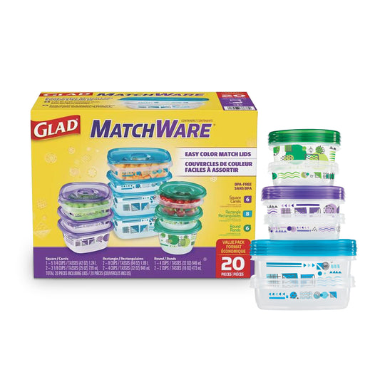 Glad GladWare MatchWare Food Storage Containers with Lids, BPA Free Reusable Plastic 20 Piece Variety Pack for Lunches, Meal Prep, and Leftovers, Leak Resistant, Microwave and Dishwasher Safe