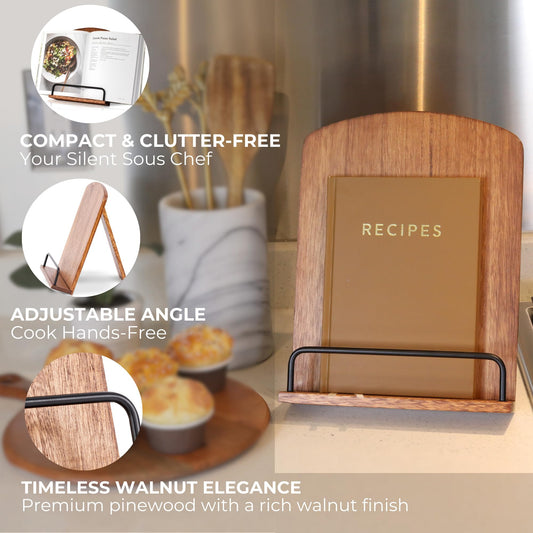 Beautiful Cookbook Stand for Your Kitchen Counter - Solid Wood Stand Easily Keeps Cook or Recipe Books Open for Convenient Cooking - Perfectly Fits Your iPad/Tablet and Enhances Any Kitchen Decor