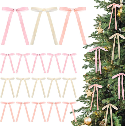Skiennix 24 Pcs Velvet Bows - Vintage Ribbon Decorative Bows for Christmas Tree & Crafts | 5x7 Inch, Beige, Light Pink, Dusty Pink