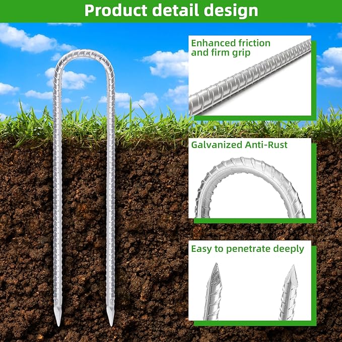 Trampoline Stakes Anchors High Wind 12inx6mm Galvanized U Hook 8pcs Rebar Stakes – Heavy Duty Ground Anchors for Trampoline,Yard & Inflatable,Landscape Metal Stakes for Outdoor Decorations