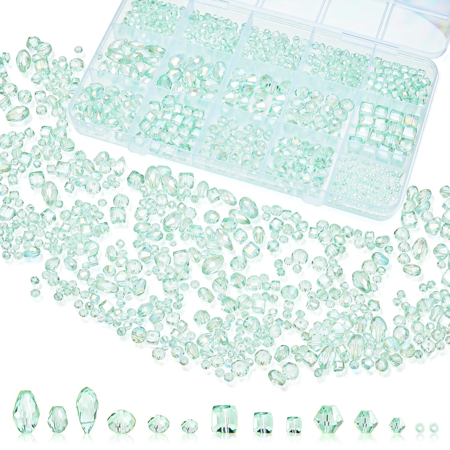 Laopottbeads 1500 Pcs Crystal Glass Beads for Jewelry Making – 12 Styles Bicone, Rondelle, Cube, Teardrop & 3mm Spacer Beads, DIY Bracelet Necklace Earring Craft Kit(Peppermint Green)