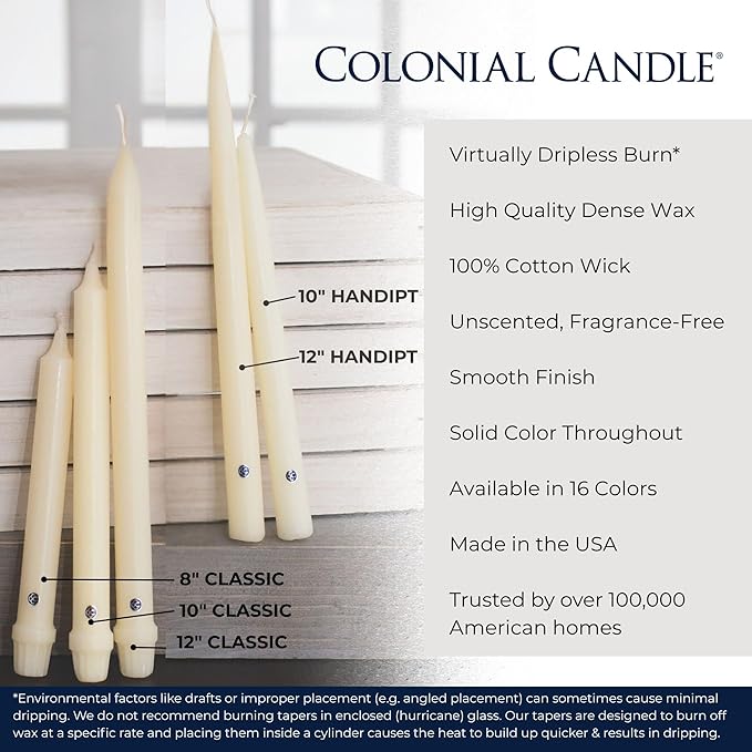 Colonial Candle Unscented Taper Candle, Handipt Collection, Persian Pink, 12 in, Pack of 12 - Up to 10 Hours Burn