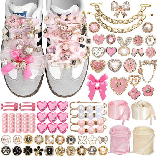 Lugailly Shoe Charms for Sneakers, Junk Socks Charms Kit, 100 PCS Pink Sneaker Charm for Women Teen Girls with Satin & Lace Shoelaces, Cute Shoelace Charm for Shoe Jewelry Decoration Accessories