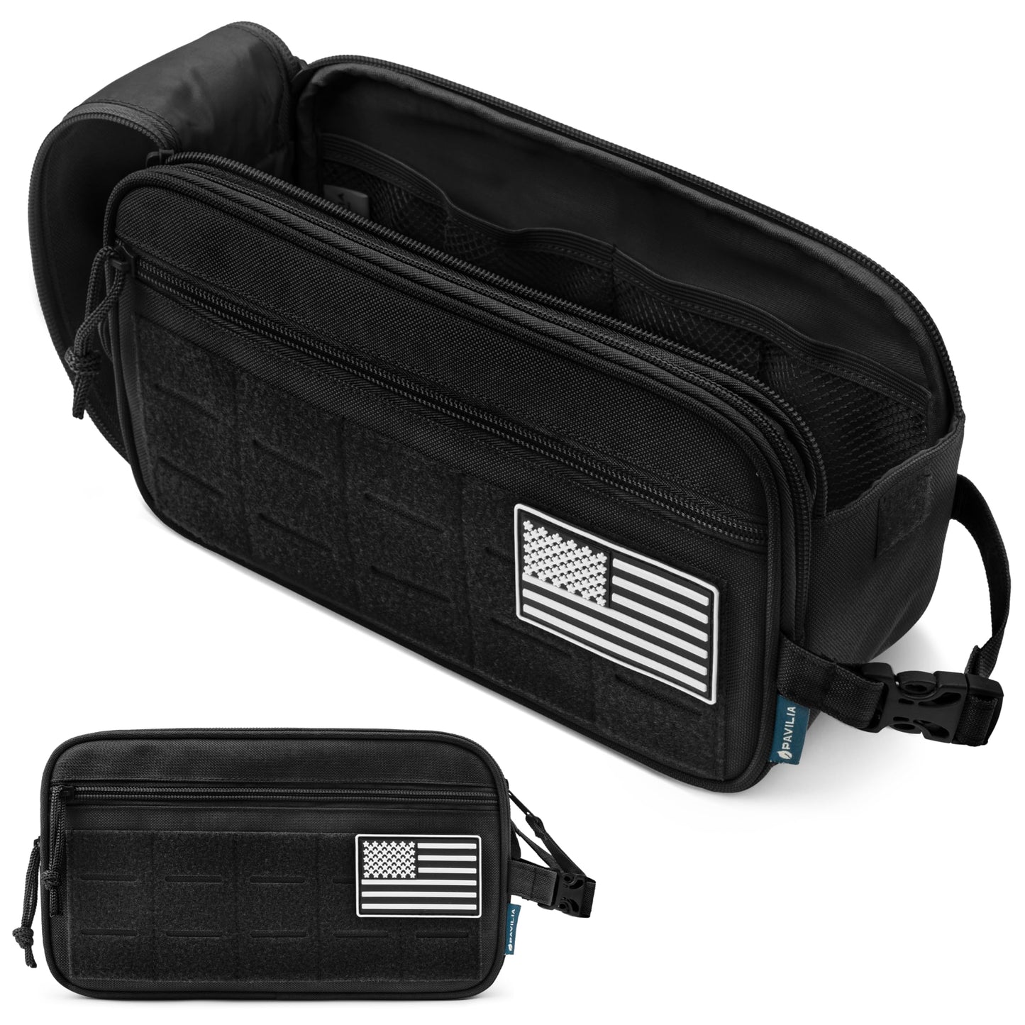 PAVILIA Tactical Toiletry Bag for Men, Travel Hygiene Bag, Military Gear Dopp Kit, Water Resist Molle Accessories Pouch, Mens Shaving Essentials, Gym Bathroom Shower Small Toiletries Tool EDC, Black
