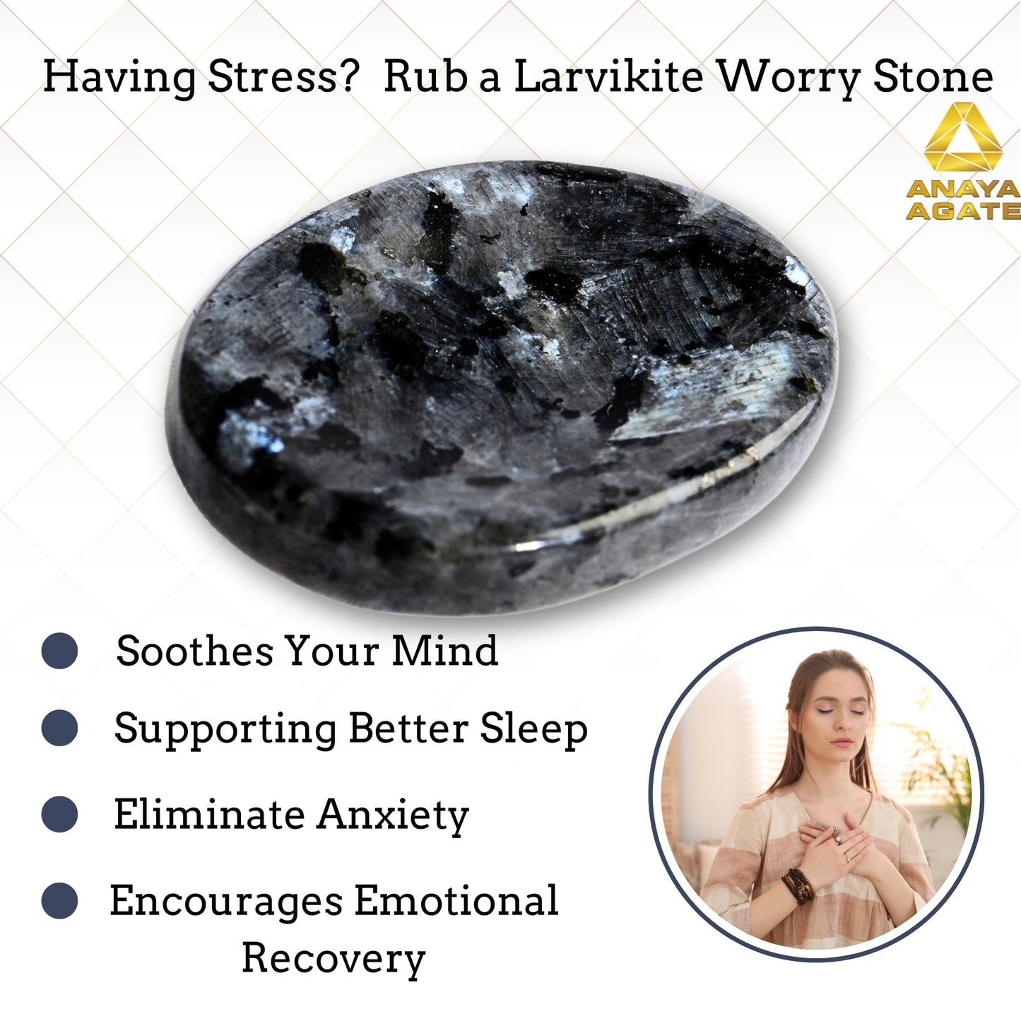 Anaya Agate Larvikite Worry Stones Certified Crystal Thumb Worry Stone for Anguish, Relaxing and Soothing Balance Stones for Meditation, Stress Relief Crystals and Healing Stones for Men, Women