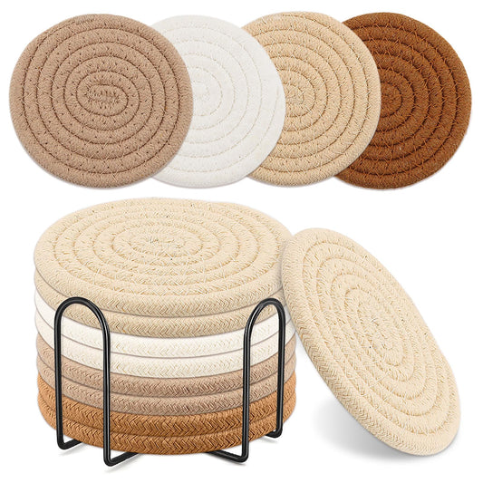 Boho Coasters Set of 8 for Drinks,4 Colors Absorbent Desk Coasters with Metal Holder, Cotton Woven Coaster, Farmhouse Cup Coaster Set for Home Decor,Table Protection, Housewarming Gift (4.3 Inch)