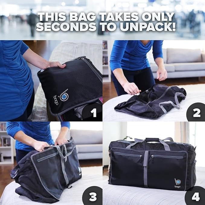 Bago Large Foldable Duffel Bags for Traveling Women & Men - 120L Packable Duffle Bag for Travel with Shoe Compartment - Water Repellant, Heavy Duty, Lightweight Folding & Collapsible (SnowDepPurple)
