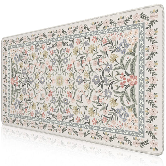 iCasso Desk Matt for Desktop, Cute Desk Pad Mat, XXL Large Mouse Pad, Anti-Slip Big Mousepad with Stitched Edges, Keyboard Pad for Computer(Gray Floral)