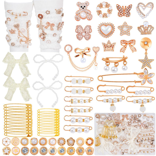 LovelyMoon 70Pcs Junk Socks Charms Kit with Letter Beads, Gold Charm for Socks and Sneakers, Brooches and Pins for Women, Charms for Sock Safety Pin, Junk Charm with Pearl, Rhinestone