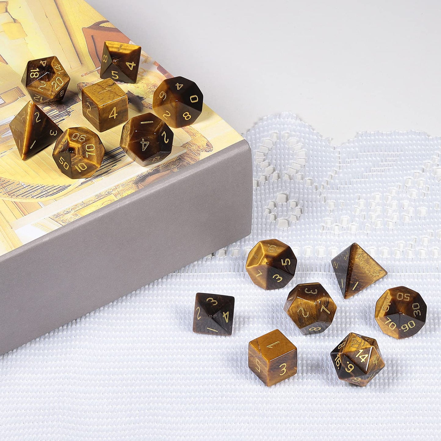 mookaitedecor 7 PCS Tiger's Eye Crystal Polyhedral DND Dice Set, Polished Tumbled Stones Dices for RPG MTG Table Games Home Decoration