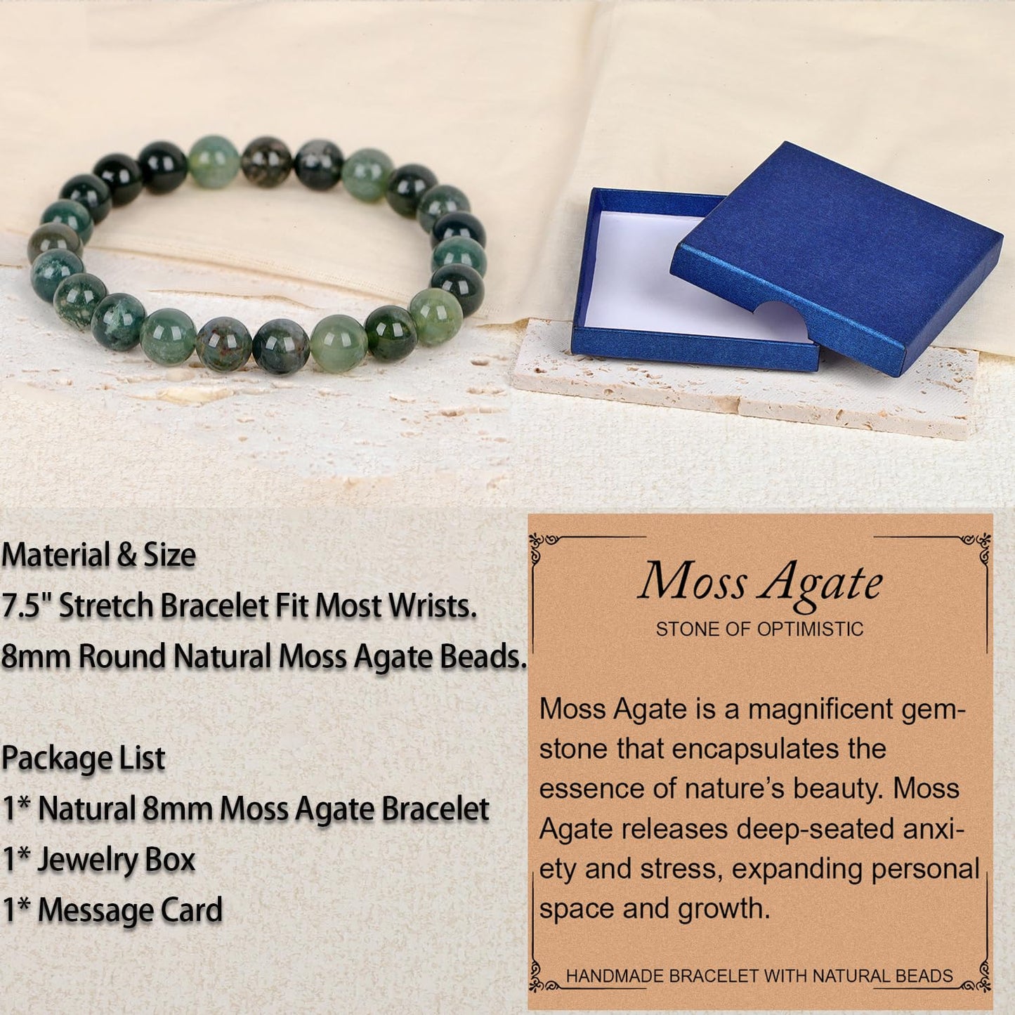LPBeads Handmade Natural Gemstone Stretch Elastic 8mm Moss Agate Bracelet Healing Crystal Round Stone Beads Jewelry Gifts for Women Men