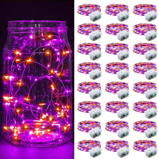 Skiennix 24-Pack Fairy Lights - 7Ft 20 LED Twinkle String Lights | Battery Operated & Waterproof for Parties, Weddings, Christmas, and Valentine's Day - Orange & Purple