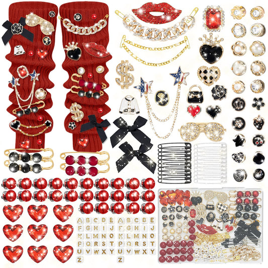 Auliand 137 Pcs Junk Socks Charms Kit, Brooches and Pins for Women, Shoe Charms with Pearl Safety Pins and Brooch Buttons, Teen Girl DIY Accessories for Decorating Socks, Clothes (Black & Red)