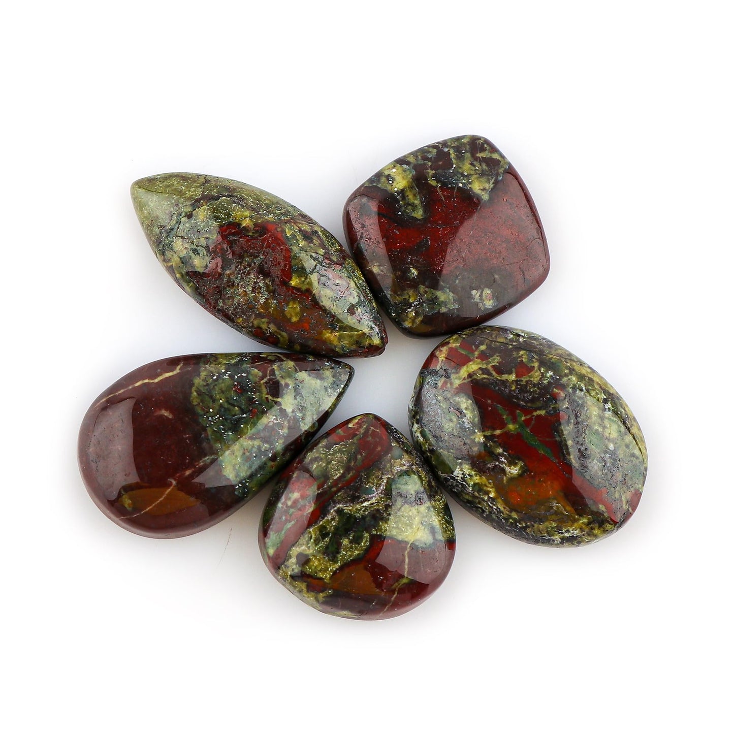 CRYSTALINES (5pcs Natural Bloodstone Jasper Gemstone Cabochon, Bulk Polished Stones, Chakra Healing Crystals, DIY Jewelry Making, Wholesale Loose Supplies, Wire Wrapping, Gem Collection