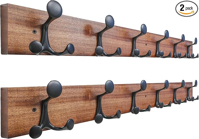 SKOLOO 36-Inch Wood Coat Rack Wall Mount with 6 Triple Hooks - Ideal for Family Entrances, Classrooms, and Pet Supplies Storage - Perfect Coat Hooks for Wall,Mahogany (Sapele), Pack of 2