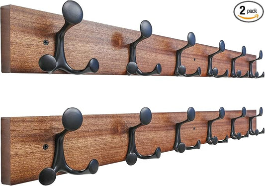 SKOLOO 36-Inch Wood Coat Rack Wall Mount with 6 Triple Hooks - Ideal for Family Entrances, Classrooms, and Pet Supplies Storage - Perfect Coat Hooks for Wall,Mahogany (Sapele), Pack of 2