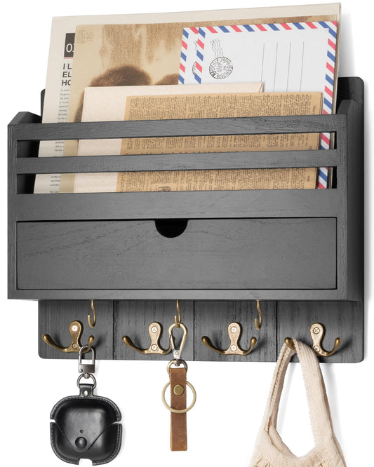 Rebee Vision Decorative Mail Organizer - Wood Key Holder Wall Mount with Storage Drawer and 7 Key Hooks - Home Decor for Organizing Your Entryway, Hallway, or Office (Black)