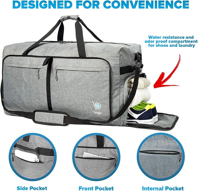 Bago Large Foldable Duffel Bags for Traveling Women & Men - 100L Packable Duffle Bag for Travel with Shoe Compartment - Water Repellant, Heavy Duty, Lightweight Folding & Collapsible (SnowGray)